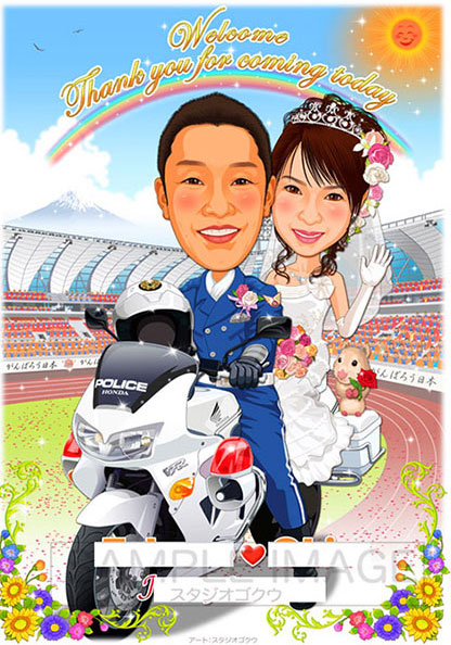 警察官 5 縦 交通機動隊白バイ 球場背景 結婚式の美しい似顔絵 美顔絵 Com