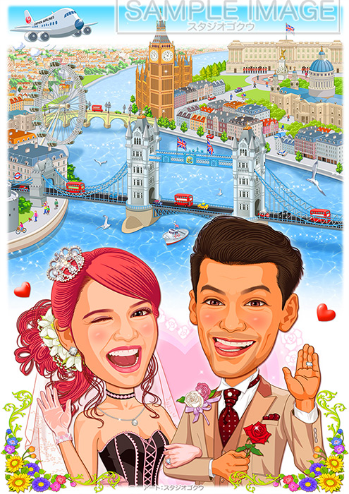 スタジオゴクウ結婚式似顔絵ウェルカムボード：ロンドン-1-1-縦（タワー・ブリッジ、ビッグ･ベン、バッキンガム宮殿、マップバージョン）