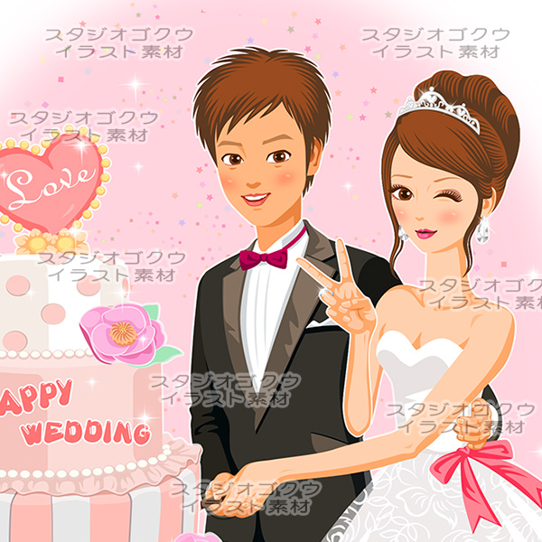 ウェディングイラスト素材カット 15 ウェディングケーキカットする新郎新婦 結婚式の美しい似顔絵 美顔絵 Com