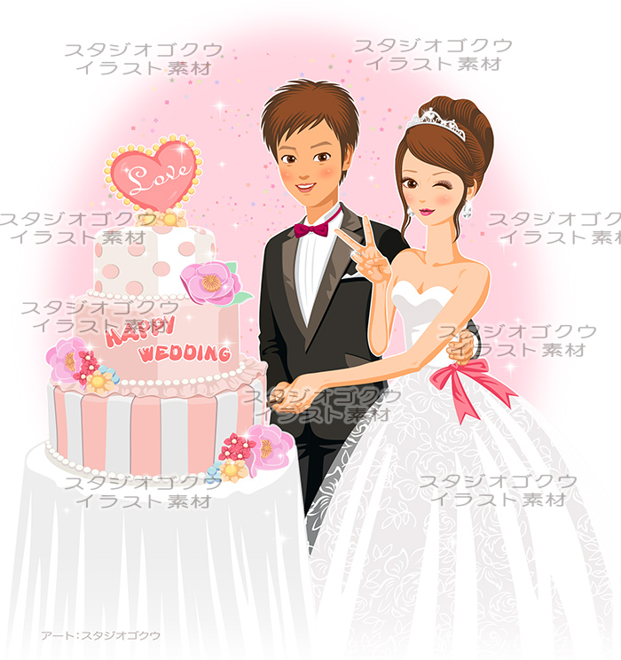 ウェディングイラスト素材カット 15 ウェディングケーキカットする新郎新婦 結婚式の美しい似顔絵 美顔絵 Com