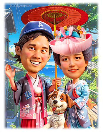紋付袴姿の大谷翔平選手と色打掛着物姿の真美子夫人と愛犬デコピンの3Dクレイドール似顔絵の結婚記念お祝いファンアート似顔絵