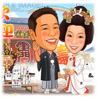 結婚式似顔絵ウェルカムボード：浅草-2-1-横（三社祭神輿、雷門、浅草寺、浅草神社、神前結婚式、東京スカイツリー）