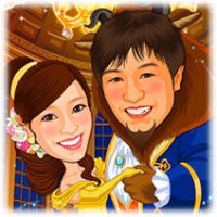 似顔絵ウェルカムボード：美女と野獣-4-1-縦 （シュシュ髪型、ダンスシーン、薔薇のガラスドーム）