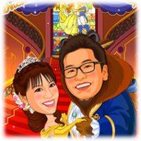 似顔絵ウェルカムボード：美女と野獣-3-1-縦（ばら、宮殿階段、ステンドグラス、ダンスシーン）