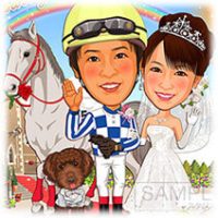 似顔絵ウェルカムボード：教会ヴァージンロード-6-1-横（新郎騎手姿・愛馬と愛犬）