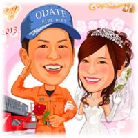 結婚式似顔絵ウェルカムボード：消防士レスキュー隊員-2-5-横（救助服敬礼ポーズ・梯子消防車）