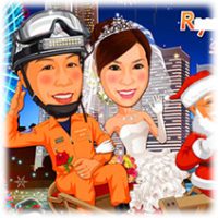 似顔絵ウェルカムボード：消防士レスキュー隊員-4-1-横（横浜港夜景・クリスマスバージョン）