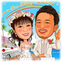 似顔絵ウェルカムボード：ハワイ-2-1-横 （ワイキキ・ダイヤモンドヘッド）