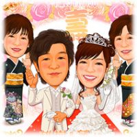 結婚式両親贈答似顔絵ボード：ローズ-204-3 横（ご両家一堂6名様）