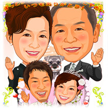 結婚式両親贈答似顔絵ボード：ひまわり-4-3-縦（ご両家別々4名様配置）