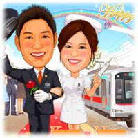 新郎東急電鉄運転士・新婦看護婦姿